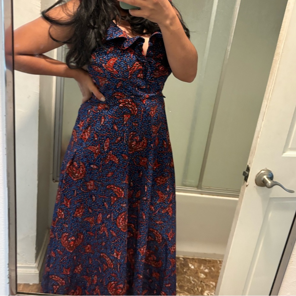 African Halter Blue Print Floral and Red Maxi Dress - Picture 9 of 9